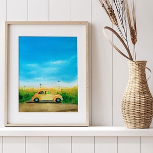 Retro Car Original Watercolor Painting Field Of Flowers Painting Vintage Car Painting Wildflowers Watercolor Art Blue sky art 8x11 inches