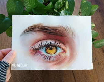Dipinto ad acquerello originale di un occhio: arte realistica di un occhio marrone (7,4x5,11 pollici)