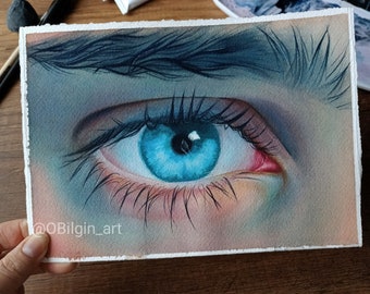 Dipinto ad acquerello Occhio Blu: Arte realistica originale degli occhi (6x8 pollici)