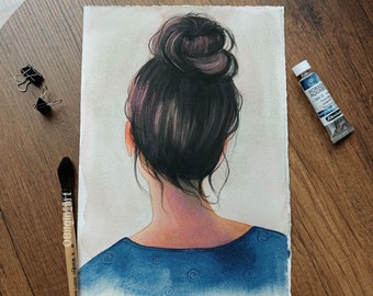 Original Woman Watercolor Painting: Faceless Portrait Art (8x11 inches)