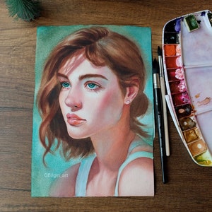 Woman Original Watercolor Painting Romantic Female Art Green Eye Hand Painted Watercolor Art Portrait From Photo Figure Woman Art 8x11 inch