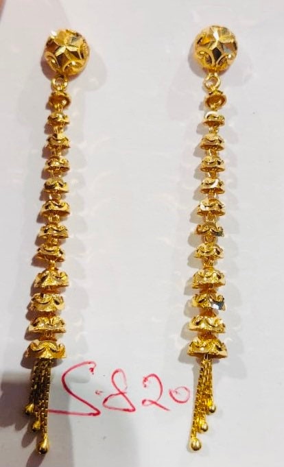 22K Gold Long Earrings - ErFc13466 - 22k gold long earrings, exclusively  designed with in middle one ball studded cubic zircon. Earrings