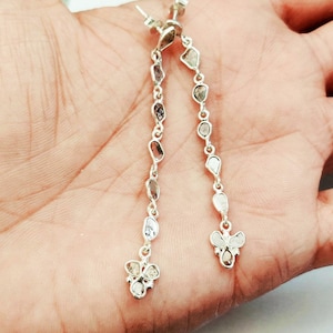 Uncut Natural Polki Diamond Earring- Dangling Diamond Earring - handmade diamond earring- Polki designer earring - Silver Diamond Earring