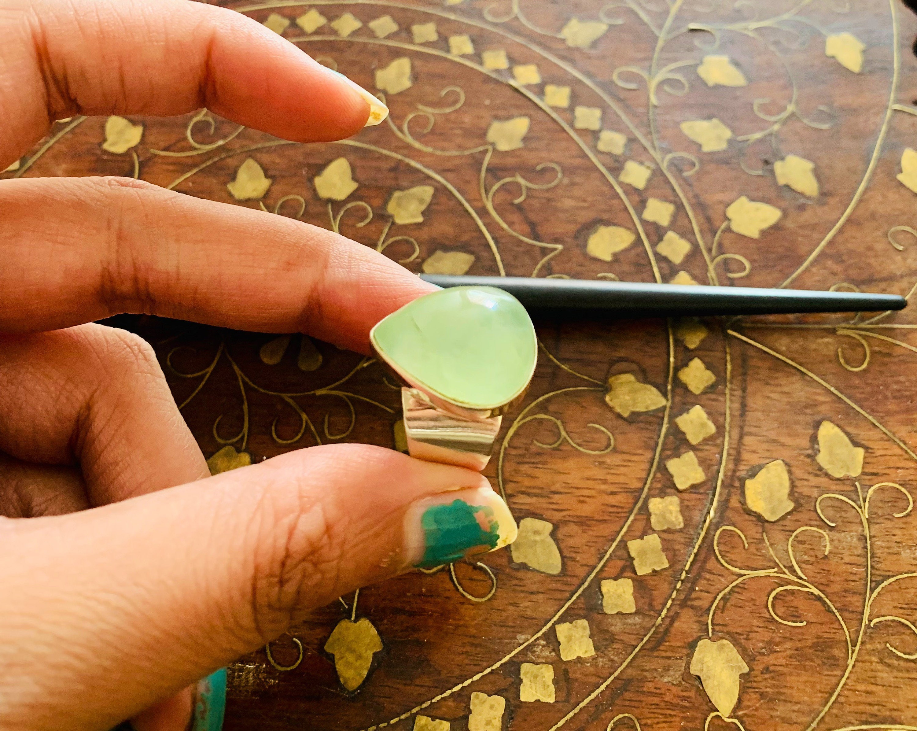 Bague Cocktail Prehnit Perfection, Argent 925, Pierre Naturelle Verte Coussin, Inde