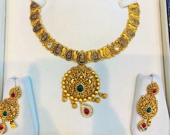 22k yellow Real Gold Antique Necklace with 22k Gold Antique Earrings-Indian Gold Necklace Set-Real Solid Gold Antique Jewellery Necklace