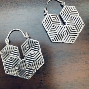 Geometric Silver plated hoop earrings , Brass earring, Silver jewellery for women, designer geometric silver plated earrings