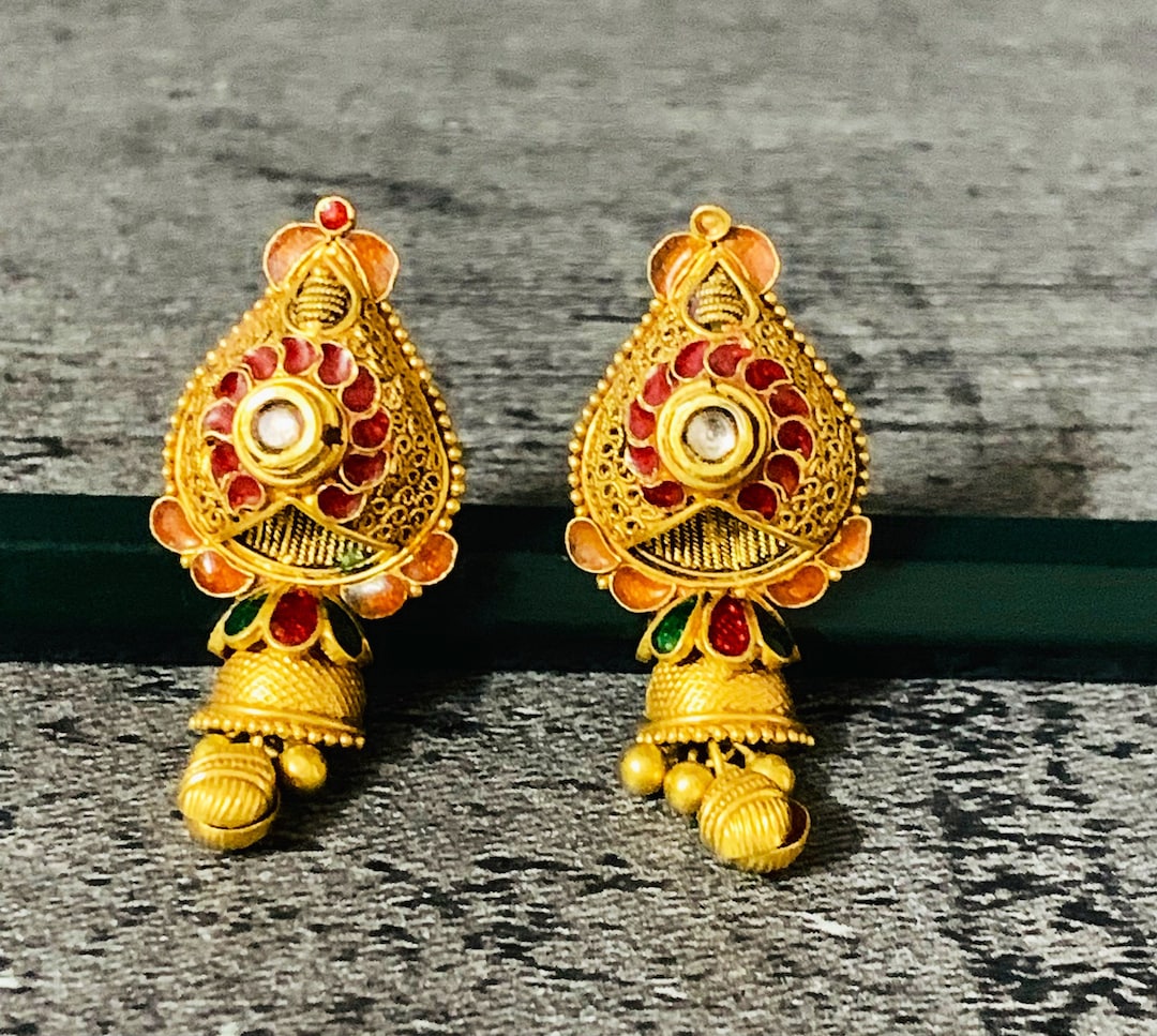 22k Yellow Gold Earrings-enamel Work Indian Karigari Solid Real