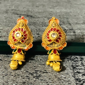 22k Yellow Gold Earrings-Enamel work Indian Karigari Solid Real Gold Earrings-9 Gram Rajasthan Gold Earrings-Gold Earrings-Gold Earrings