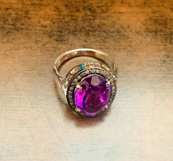 Natural Amethyst Diamond Ring- Diamond Ring- Vict… - image 1