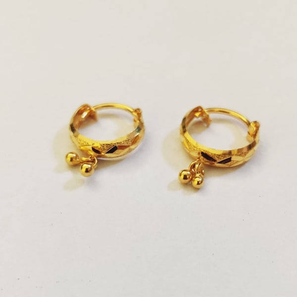 22k Gold hoops-Dangling ball Gold hoops -Carved Gold Earring-Solid Carved Gold Hoops, Tiny Gold Hoops-Indian Gold Hoops-Rajasthani Gold Hoop