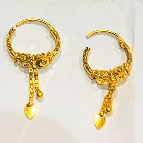 22k solid gold Hoops- Diamond Cut Gold Hoops-Gold Earring -with Dangling gold chain- Rajasthani Gold Earring-Indian Gold Earring-