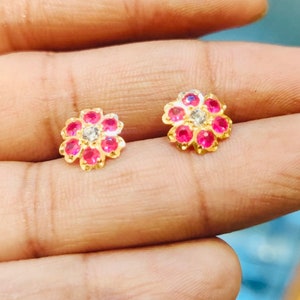 22k Solid Gold Floral Stud- Solid Gold earrings- Christmas Gift- 22k solid gold Ruby stone earrings - 22k Solid gold earrings- gift for her