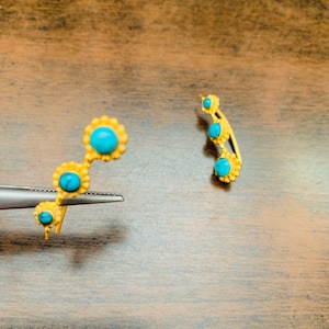 Gold plated Ear Climbers- Ear Climbers- Leaf Ear Climbers- Turquoise Birthstone Ear Climbers- Ear Climber Cuff- Ear Crawler