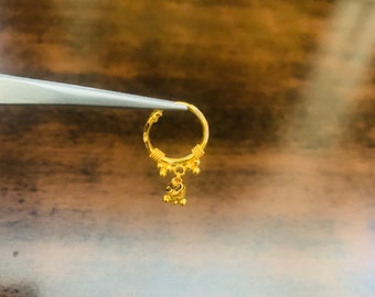 22kGold Diamond cut Nose ring with Dangling balls-Gold Nose Hoop-Gold Nostril-Solid Gold Nosering-Indian Gold Nose ring-Rajasthani Nose ring