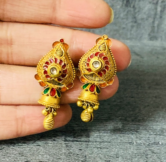 22k Yellow Gold Earrings enamel Work Indian Karigari Solid Real