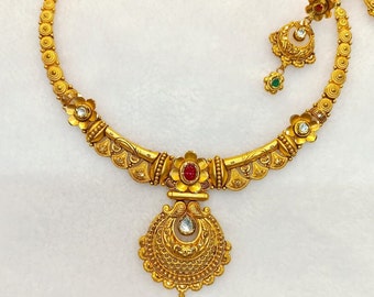 22k Real Gold Necklace with Earrings- Solid Gold Necklace with earrings- Indian Gold Set-Indian yellow gold Necklace-Gift for wedding