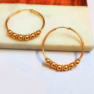 22k Solid Gold Hoops and Handcrafted Gold Bali Hoops- Solid Gold Hoops with Mutiple Tiny Balls-Unique Design Indian Gold Bali- Gold Hoops