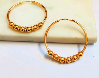 22k Solid Gold Hoops and Handcrafted Gold Bali Hoops- Solid Gold Hoops with Mutiple Tiny Balls-Unique Design Indian Gold Bali- Gold Hoops