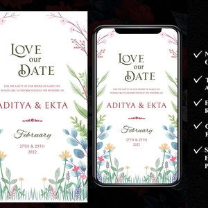 Indian Wedding Postponement Invite as Floral Love our date Spring, Hindu Change the Date Digital cards as WhatsApp Change the Date invites
