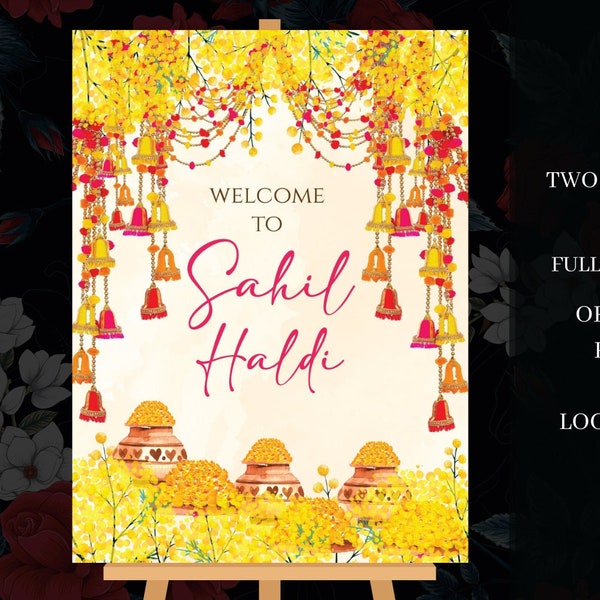 Indian Haldi Ceremony Welcome Signs, Fully Editable Indian Couple Wedding Signs, Welcome to our Haldi Signs, Floral haldi Welcome Signs