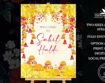 Indian Haldi Ceremony Welcome Signs, Fully Editable Indian Couple Wedding Signs, Welcome to our Haldi Signs, Floral haldi Welcome Signs