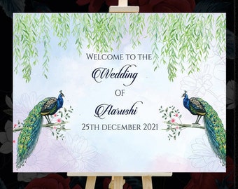 Indian Wedding Welcome Signs as Peacock Welcome Signage, Peacock decor Wedding Welcome Signage, Hindu Wedding Sign as Floral Welcome Signs