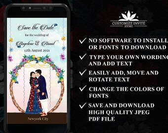 May include: A digital save the date card with a floral archway and a couple in the center. The text reads "Save the Date for the wedding of Angelene & Anant 12th August 2021 Newyork City".