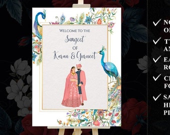 Hindu Wedding Sign as Floral Welcome Signs, Indian Couple Wedding Welcome Signs as Peacock Welcome Signs, Peacock decor Wedding Welcome Sign