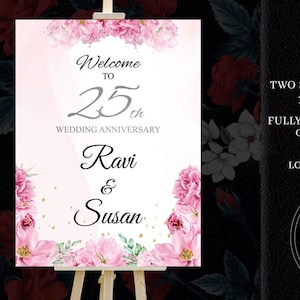 25th Anniversary Welcome Signs, 25th Anniversary Decoration, Floral Anniversary Sign, Printable Welcome Signs, Wedding Anniversary Signages