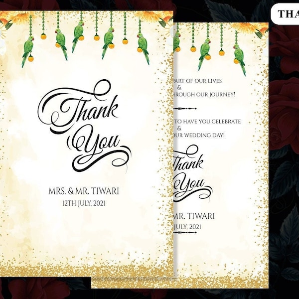 Indian Thank you cards Gold & Yellow Floral Wedding Thankyou Cards Traditional, Wedding Thank You Cards as Thank You Notes with Gold Florals