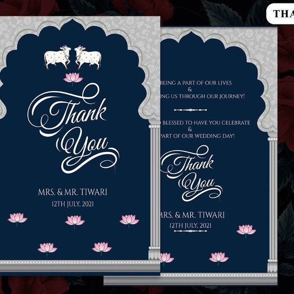 Indian Thank you cards Blue & Silver. Indian Wedding Thankyou Cards Traditional,Wedding Thank You Cards as Thank You Notes with Lotus Design