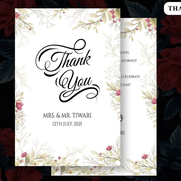Indian Thank you cards Spring Floral Wedding Thankyou Cards Traditional, Wedding Thank You Cards as Thank You Notes with Green Florals