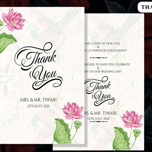 Indian Thank you cards Pink & Green, Indian Wedding Thankyou Cards Traditional, Wedding Thank You Cards as Thank You Notes with Lotus Design