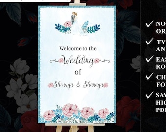 Floral Printable Wedding Welcome Sign, Fully Editable Indian Wedding Signage Board, Welcome to our Wedding Sign, Hindu Wedding Welcome Sign