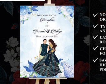 Reception Welcome Signs, Indian Couple Wedding Welcome Sign, Printable Floral Reception Welcome signage board, Welcome to our Reception Sign