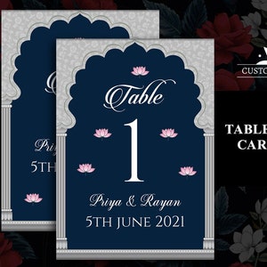 Navy Blue Wedding Table Numbers Indian as Reception Table No. cards, Hindu Table numbers as Wedding Table cards Blue, Arabic Table Numbers