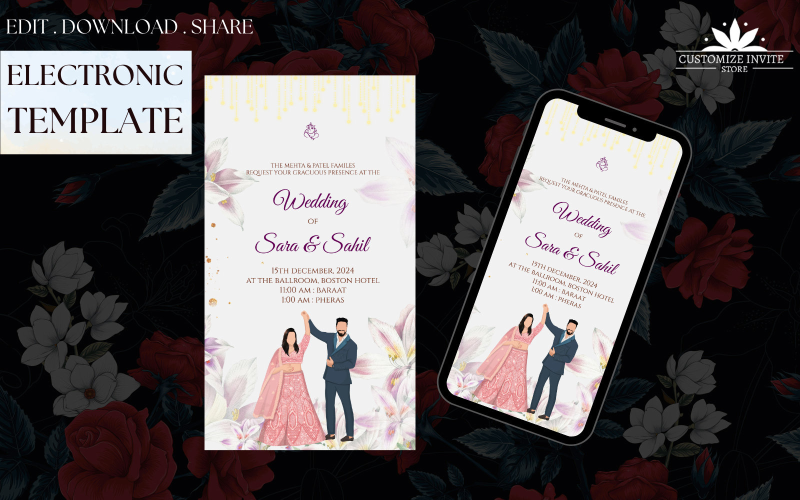 Indian Wedding invitation card Template, Royal Wedding Invitation , Indian  Wedding Whatsapp Invite wedding, image size:1600x1000