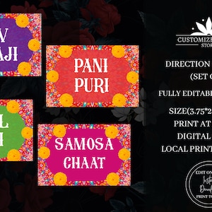 Indian wedding decor Food Label Indian, Indian Food tags Mehndi decor, Indian Menu place card & Mehndi decoration, Indian dinner food card