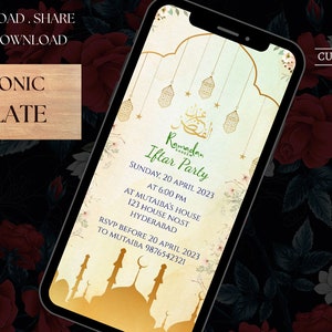 Op de afbeelding: Een digitale uitnodiging voor een Ramadan Iftar Party. De uitnodiging staat op het scherm van een smartphone met een gouden en wit ontwerp. De tekst luidt "Ramadan Iftar Party" en bevat de datum, tijd en locatie van het evenement. De achtergrond is een bloemenpatroon.