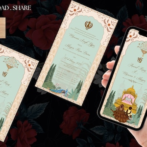 Mehrab, peacock and royal gurudwara and beautiful couple invite as Punjabi Sikh Anand karaj invitation wedding printable whatsapp invite