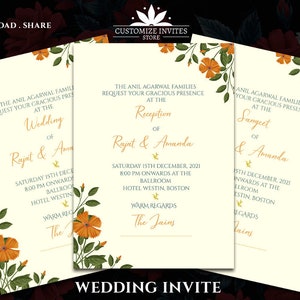 Marigold Wedding Invites as Greenery Wedding card Garden, Botanical Invitations Pastel, Indian Wedding invites & Hindu Wedding cards Digital