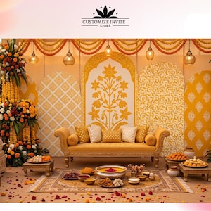 Puede incluir: Un telón de fondo decorativo para eventos con paneles arqueados amarillos y blancos con patrones florales, flanqueado por altos arreglos florales. Un sofá amarillo central está rodeado de mesas de madera bajas con cuencos de comida y pétalos.