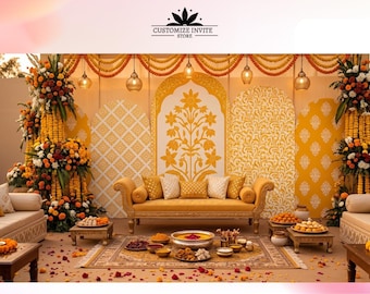 May include: A decorative event backdrop featuring yellow and white arched panels with floral patterns, flanked by tall floral arrangements. A central yellow sofa is surrounded by low wooden tables holding bowls of food and flower petals.