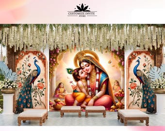 May include: A vibrant digital backdrop featuring a central image of a mother and child, surrounded by ornate archways, peacocks, and floral arrangements. The backdrop includes the text "CUSTOMIZE INVITE STORE" at the top.