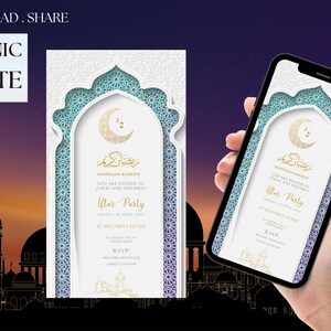 Op de afbeelding: Een elektronische sjabloon voor een uitnodiging voor een Iftar-feest. Het ontwerp heeft een witte boog met een maan en ster, en de tekst "Ramadan Kareem". De uitnodiging wordt weergegeven op een smartphone.