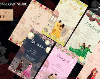 May include: Five colorful wedding invitation cards with floral designs and illustrations of couples in traditional Indian attire. The cards announce the events: Haldi, Mehendi, Sangeet, Reception, and Wedding. Each card includes the date, time, and location of the event.