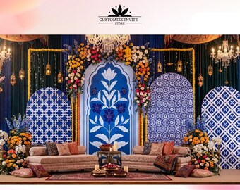 May include: A wedding stage backdrop featuring three arched panels with blue and white geometric and floral patterns, flanked by dark blue curtains, crystal chandeliers, hanging lanterns, and vibrant floral arrangements with two beige sofas.