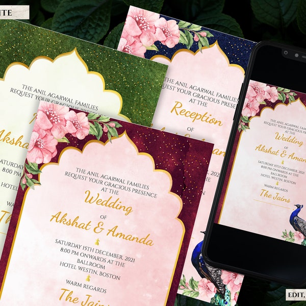 Peacock Wedding Invitation Template Download for Indian Wedding, Floral Invitation Design with Jewel Tone wedding invite in Indian Peacock