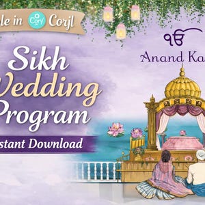 Szablon programu ślubu sikhijskiego | Anand Karaj do druku | Edytowalny Corjl do pobrania w wersji cyfrowej | Porządek nabożeństwa w języku pendżabskim