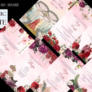 Pode incluir: Uma coleção de modelos de convites de casamento rosa com elementos florais e ilustrados. Os convites apresentam os nomes "Pooja & Pratik" e o texto "Electronic Template".